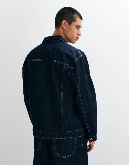 ONLY & SONS denim jack met contrasterende stiksels in donkerblauw met rinse wassing, 5 van 5
