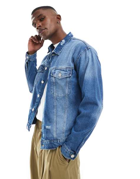 ONLY & SONS denim jacket in distressed mid blue wash - view 1