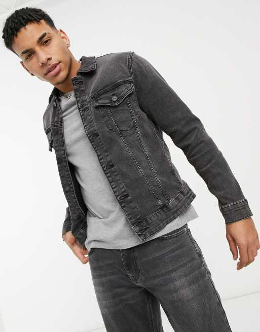 Black washed store denim jacket mens