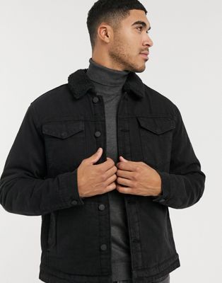 Only & Sons denim jacket with borg collar in black