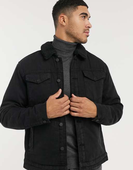 Only & Sons denim jacket with borg collar in black | ASOS