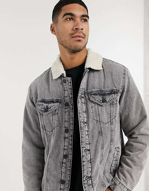 Only & Sons denim jacket with borg in grey | ASOS
