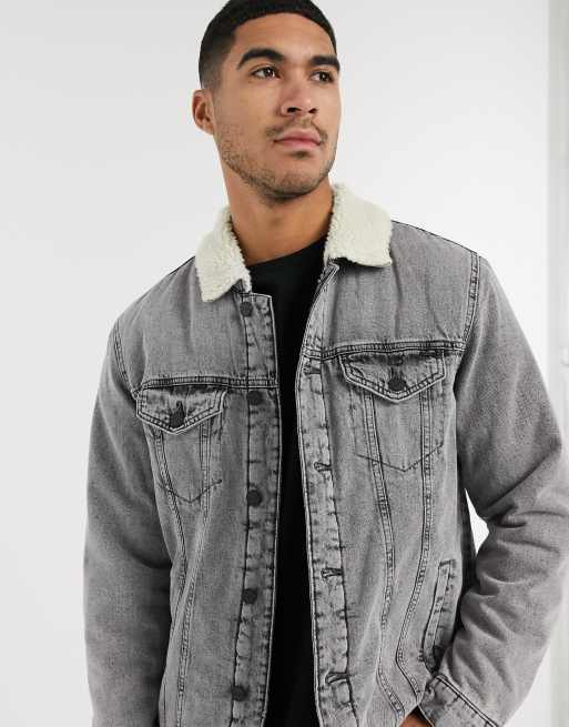 Grey denim jacket borg collar sale