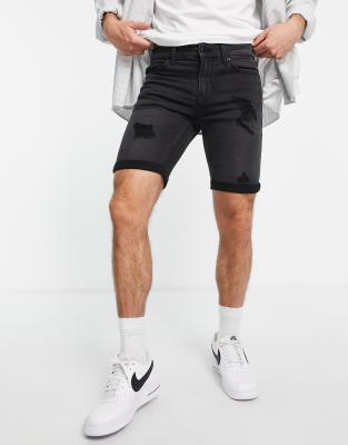 ONLY & SONS Only & Sons denim shorts in slim fit with distressing in black