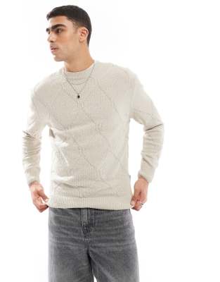 ONLY & SONS diamond structure knitted jumper in beige-Neutral