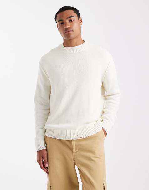 ONLY & SONS distressed crew neck knit jumper in white - view 1
