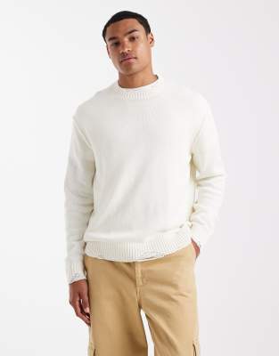 Only & Sons Distressed Knit Crew Neck In White