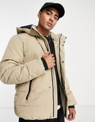 Only & Sons waterproof heavyweight puffer with hood in beige - ASOS Price Checker