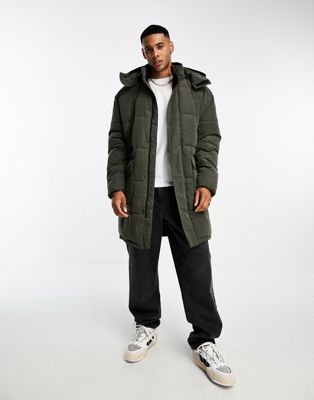 Only & Sons longline puffer with multi pockets in khaki - ASOS Price Checker