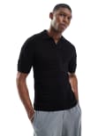 [ONLY & SONS] ONLY & SONS drop shoulder open knit split neck polo in black XS Black