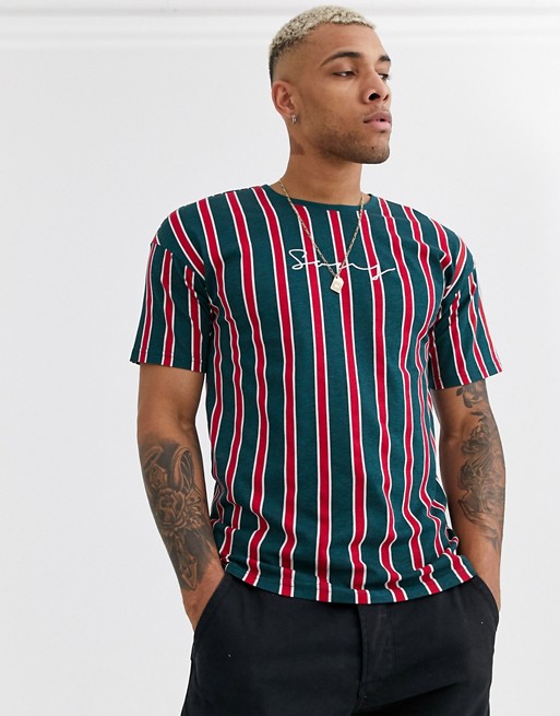 Only & Sons dropped shoulder vertical stripe logo t-shirt in red