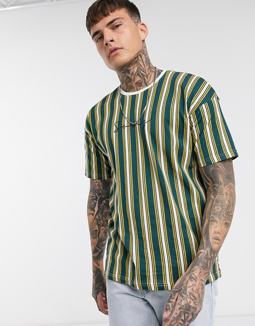 Only & Sons dropped shoulder vertical stripe logo t-shirt in yellow