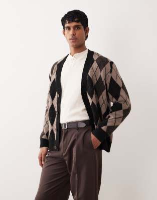 Only & Sons Dropped Shoulders Argyle Cardigan In Black