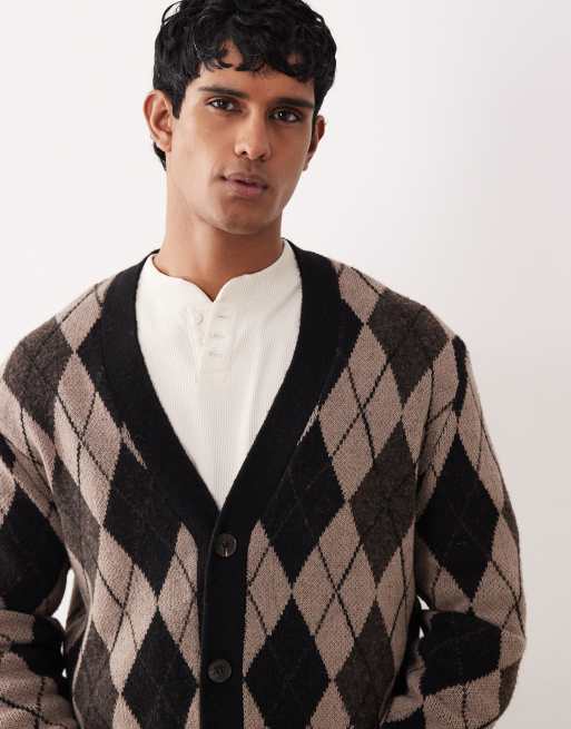 ONLY & SONS dropped shoulders argyle cardigan in brown, 5 of 5