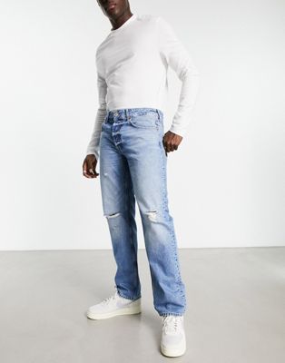 Only & Sons Edge loose fit jeans in light wash with rips  - ASOS Price Checker