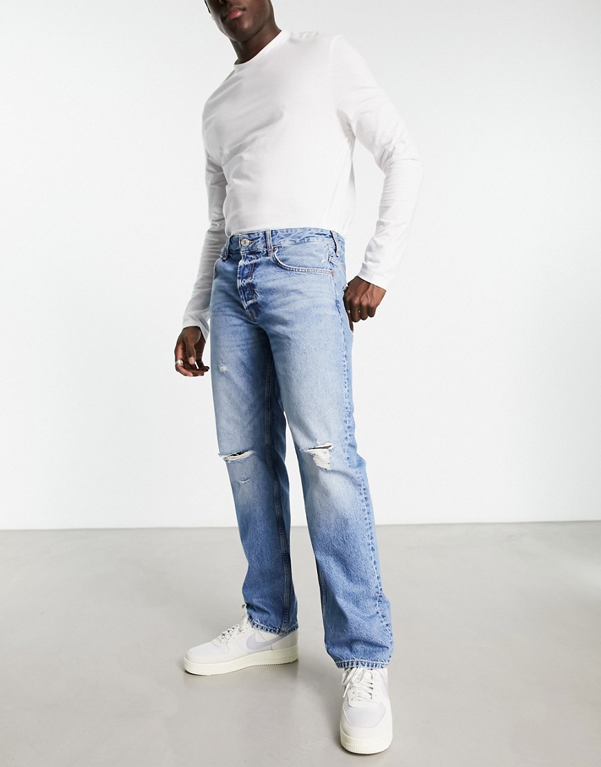 Only & Sons Edge loose fit jeans in light wash with rips-Blue
