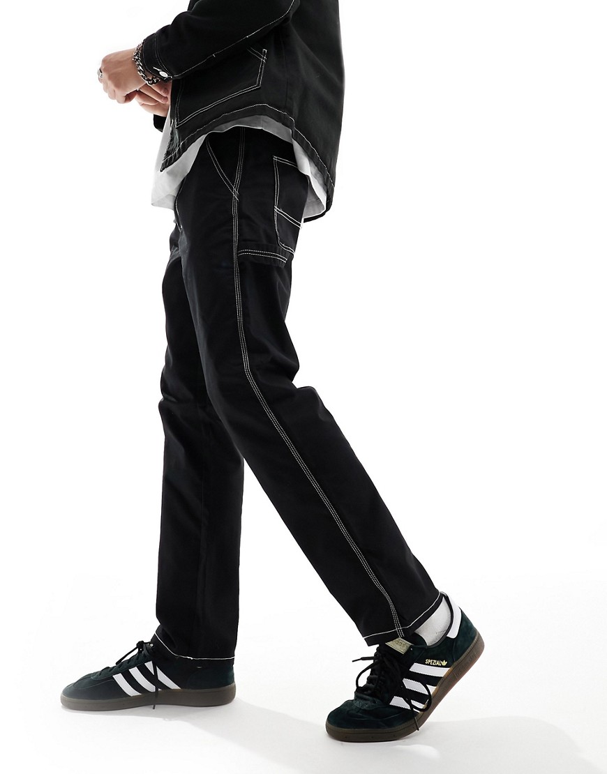 Edge straight fit carpenter pants with contrast stitch in black