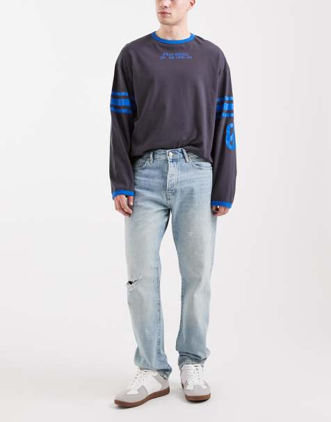 ONLY & SONS Edge straight fit jeans in distressed light blue denim
