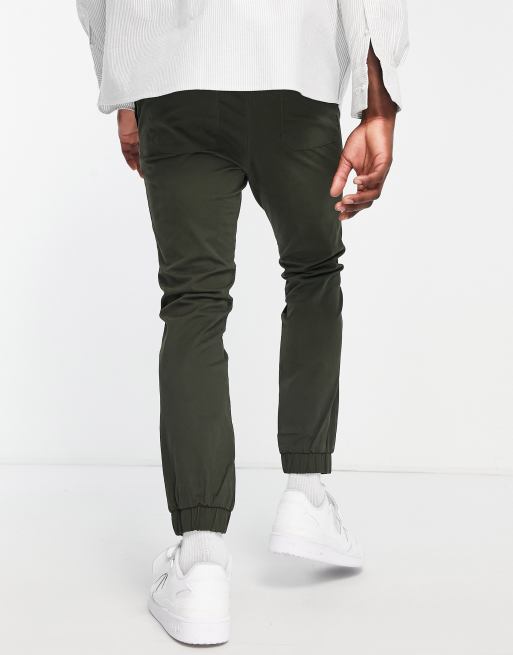 Only & Sons elasticated waist slim fit cuffed chino in dark khaki