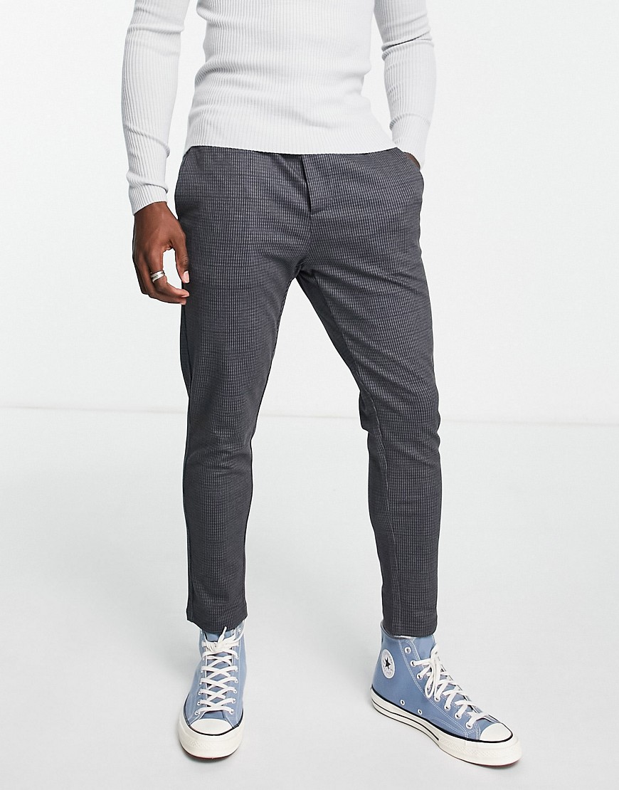 only & sons elasticated waist tapered cropped trousers in dark navy check