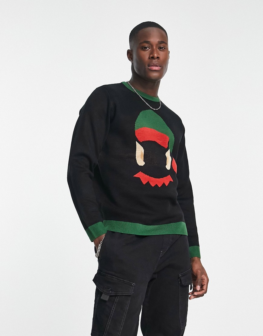 Only & Sons elf face Christmas jumper in black