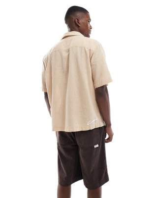 Only & Sons Embroidered Camp Collar Shirt In Nude