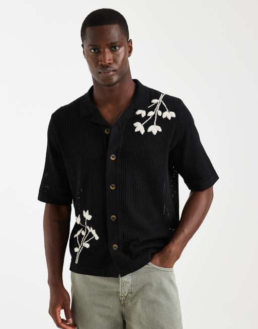 ONLY & SONS embroidery detail open knit shirt in black, 3 of 5