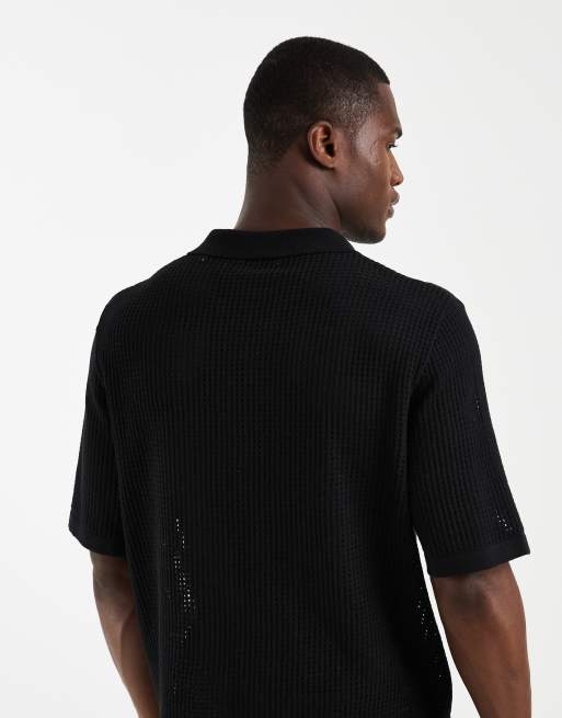 ONLY & SONS embroidery detail open knit shirt in black, 5 of 5