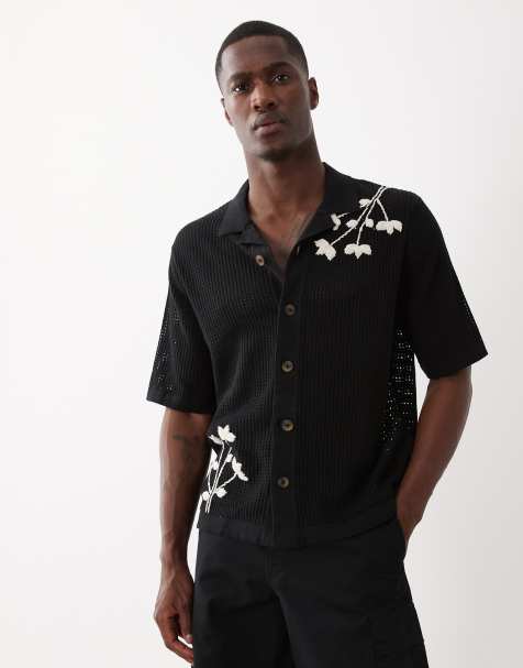 ONLY & SONS embroidery detail open knit shirt in cream - view 1