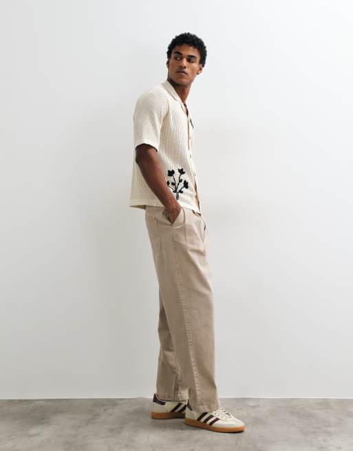 ONLY & SONS embroidery detail open knit shirt in cream, 3 of 5