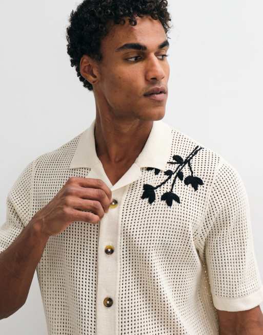 ONLY & SONS embroidery detail open knit shirt in cream, 4 of 5