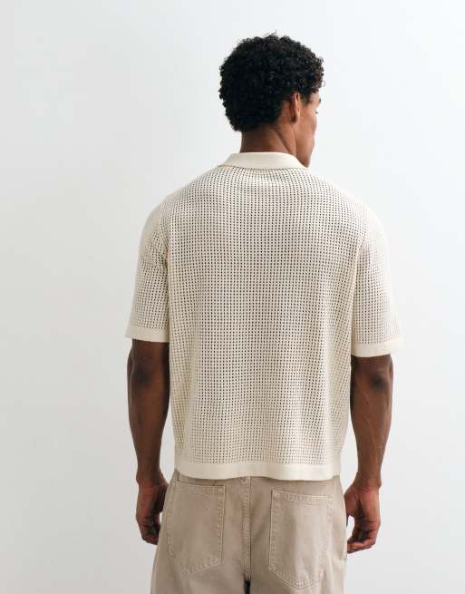 ONLY & SONS embroidery detail open knit shirt in cream, 5 of 5