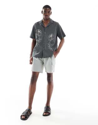 Only & Sons Embroidery Detail Resort Shirt In Gray
