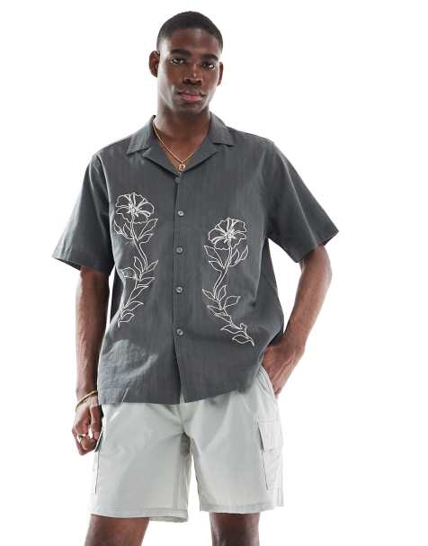 ONLY & SONS embroidery detail resort shirt in grey - view 1