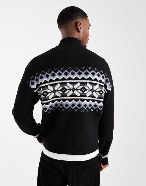 ONLY & SONS Fair Isle 1/4-zip jumper in black with blue & cream detail, 3 of 5