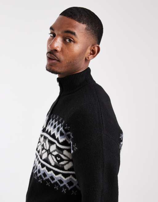 ONLY & SONS Fair Isle 1/4-zip jumper in black with blue & cream detail, 4 of 5