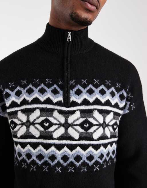ONLY & SONS Fair Isle 1/4-zip jumper in black with blue & cream detail, 5 of 5
