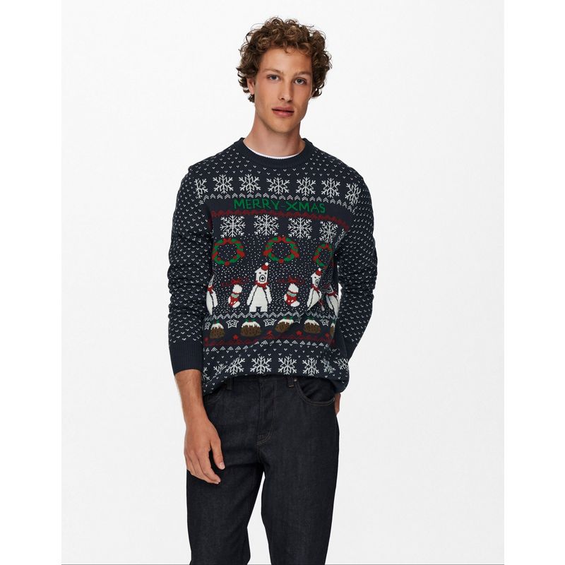 Only & Sons – Fair-Isle-Pullover mit Eisbären und Weihnachts-Design in Marineblau