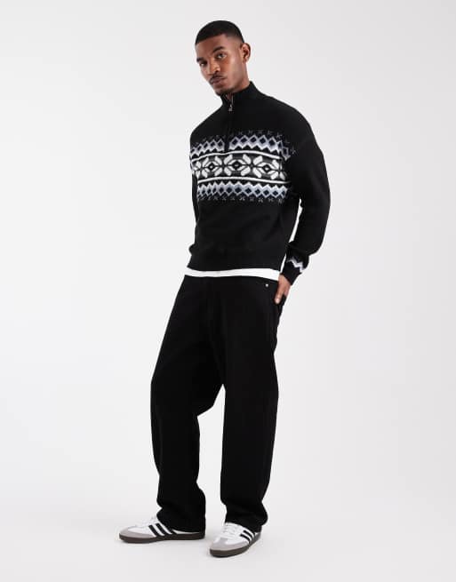 ONLY & SONS fairisle 1/4 zip sweater in black with blue & cream detailing