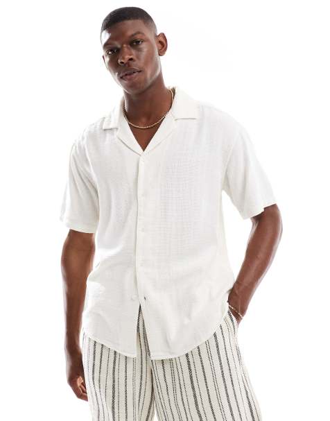 ONLY & SONS short sleeve linen textured shirt in ecru