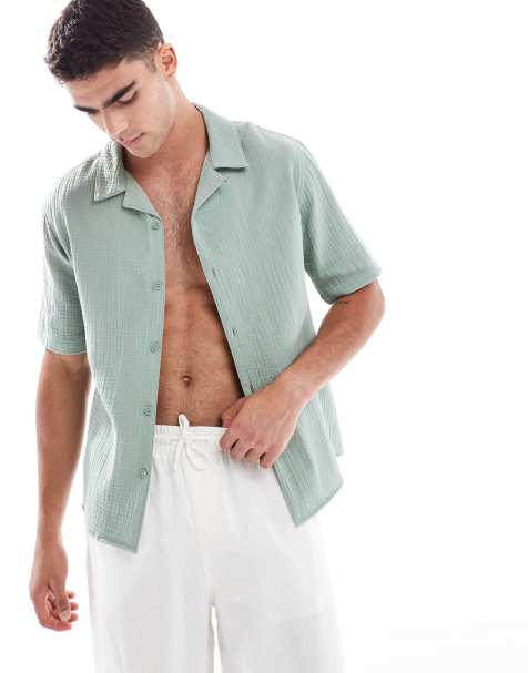 ONLY & SONS revere collar texture shirt in sage