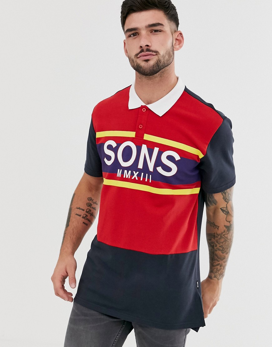 Only & Sons - farveblokket rød polo med stort logo
