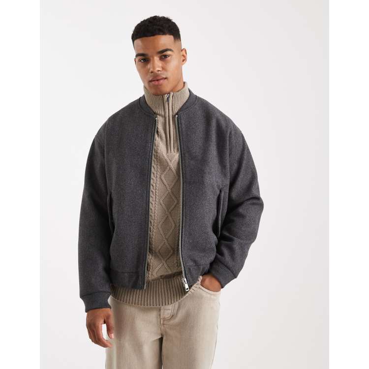 ONLY & SONS faux boiled wool zip through bomber jacket in charcoal
