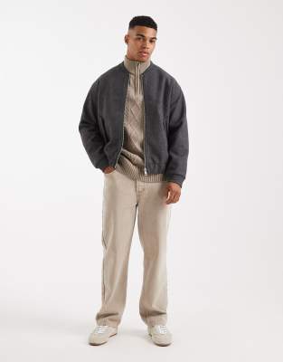 Only & Sons Faux Boiled Wool Zip Thru Bomber In Gray