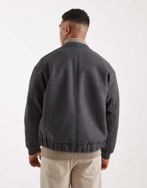 ONLY & SONS faux boiled wool zip thru bomber jacket in charcoal, 3 of 5