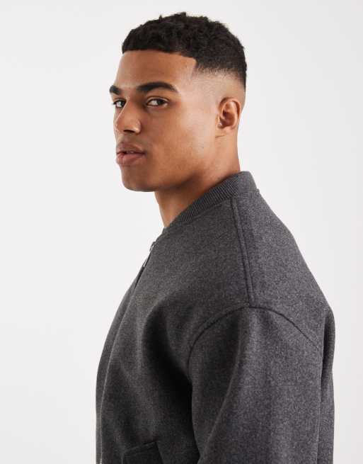 ONLY & SONS faux boiled wool zip thru bomber jacket in charcoal, 4 of 5