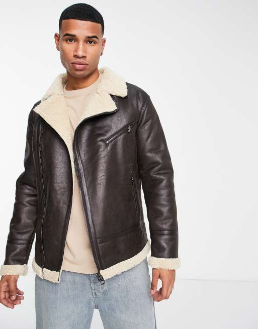 Only & Sons faux leather aviator coat with borg lining in brown | ASOS