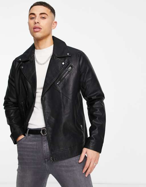 Only & Sons faux leather biker jacket in black | ASOS