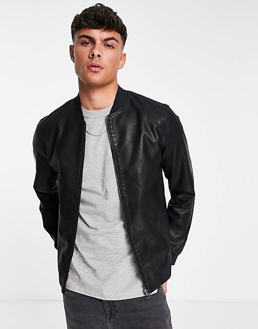 Only & Sons faux leather bomber jacket in black | ASOS