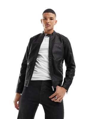 Only & Sons faux leather racer jacket in black